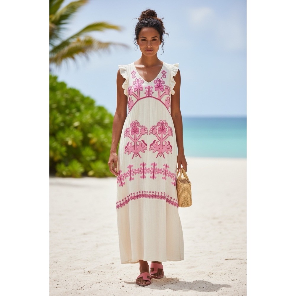 Area Stars Regal Embroidered Maxi Dress Natural Cream & Pinks Women’s Small